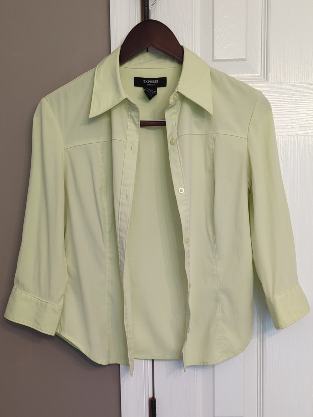 Vintage Express Pastel Lime Green Collared Button-Front Blouse Size 3/4